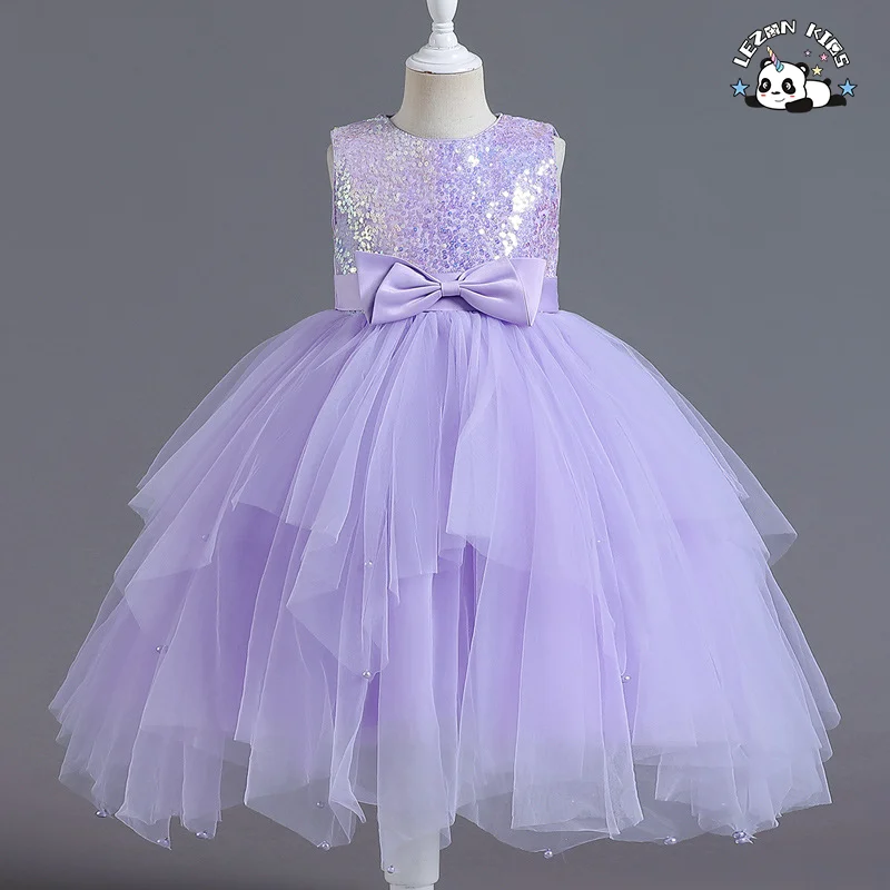 LEZONKIDS - Girls' Dress Sleeveless Skirt Irregular Short Dress Mesh Sequin Dress